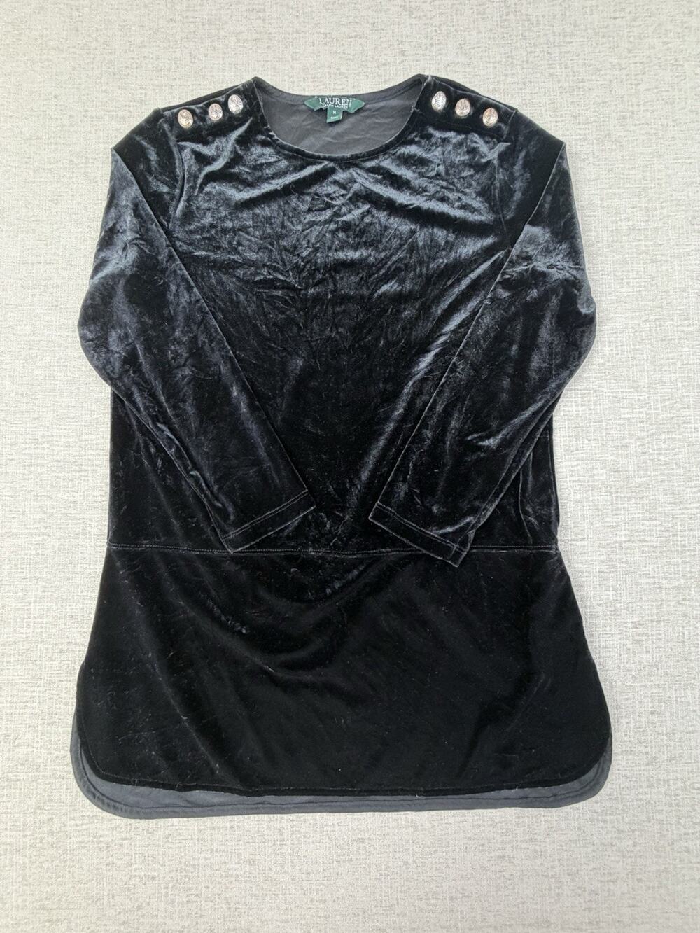 Lauren Ralph Lauren Women’s M Black Velvet Tunic Top Gold Button Long Sleeve